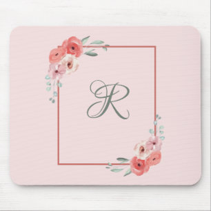 Alfombrilla De Ratón Coral Rosa y Verde Floral Monogramado
