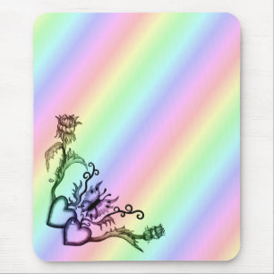 Alfombrilla De Ratón Corazón con flores y mariposa en arcoiris