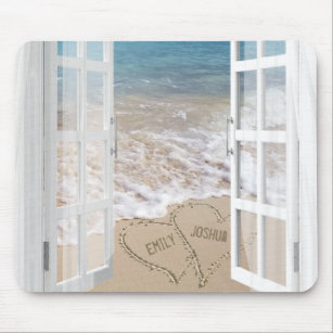 Alfombrilla De Ratón Corazón de arena de playa con ventana abierta