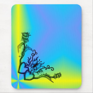 Alfombrilla De Ratón Corazones con flores y mariposa en estilo tatuaje