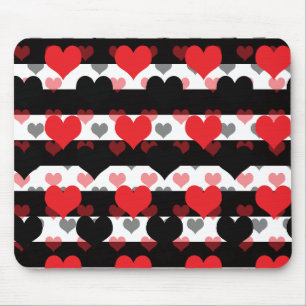 Alfombrilla De Ratón Corazones de amor negros rojos con franjas blancas