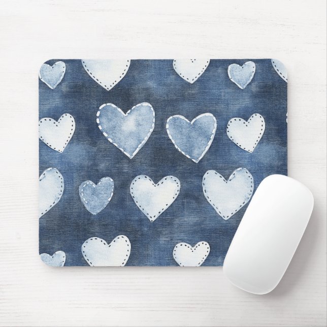 Alfombrilla De Ratón Corazones de denim azules (Con ratón)