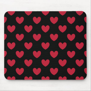Alfombrilla De Ratón Corazones de lunares rojos sobre negro
