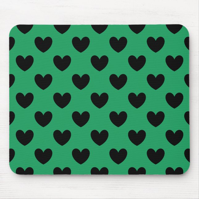 Alfombrilla De Ratón Corazones de polka negra en Kelly Green (Frente)