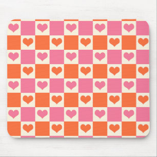 Alfombrilla De Ratón Corazones de tablero de ajedrez en rosa, Naranja y