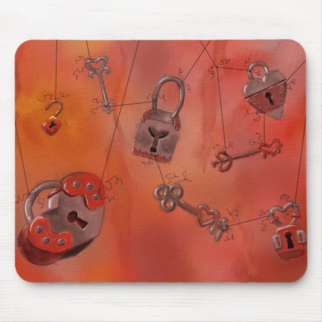 Alfombrilla De Ratón Corazones y cerraduras, pintura de la acuarela (Frente)