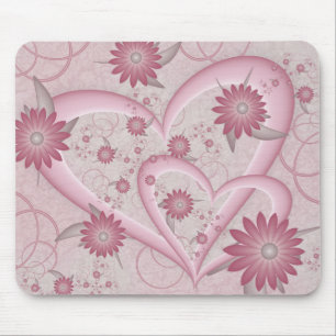 Alfombrilla De Ratón Corazones y flores abstractos rosados Arte fractal