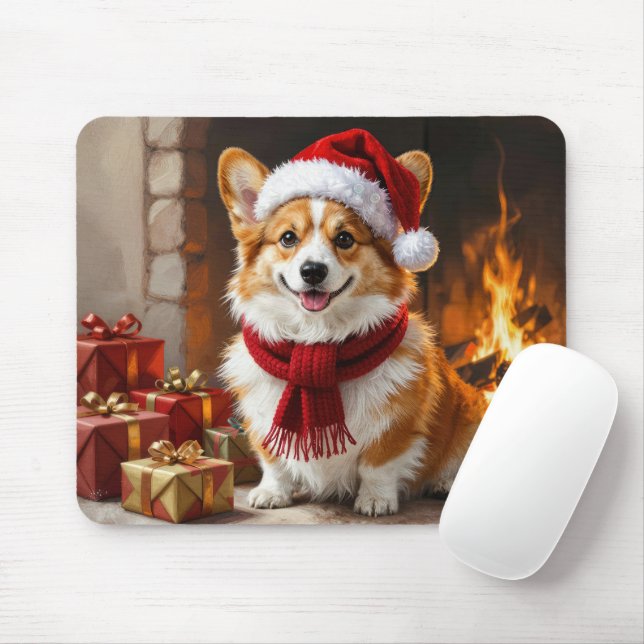 Alfombrilla De Ratón Corgi de Navidad junto a la chimenea (Con ratón)