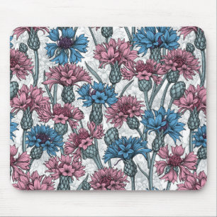 Alfombrilla De Ratón Cornflores rosas y azules, flores silvestres en bl