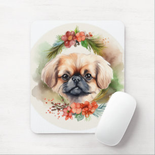 Alfombrilla De Ratón Corona de Navidad de Pekinés Cachorro Festivo