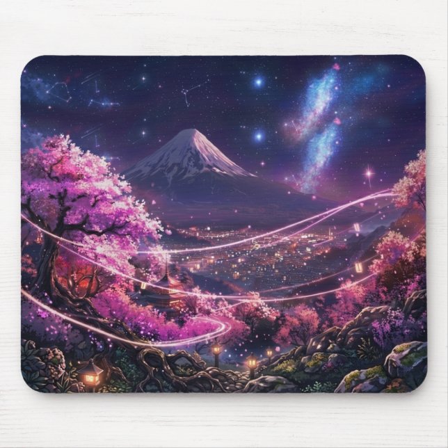 Alfombrilla De Ratón Cosmic Mount Fuji & Sakura Night Mouse Pad - Anime (Frente)