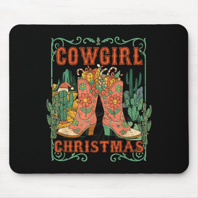 Alfombrilla De Ratón Cowgirl Christmas Boots Cactus Retro Western Holid (Frente)
