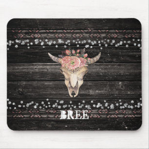 Alfombrilla De Ratón Cráneo de vaca floral rústico boho glam plata made