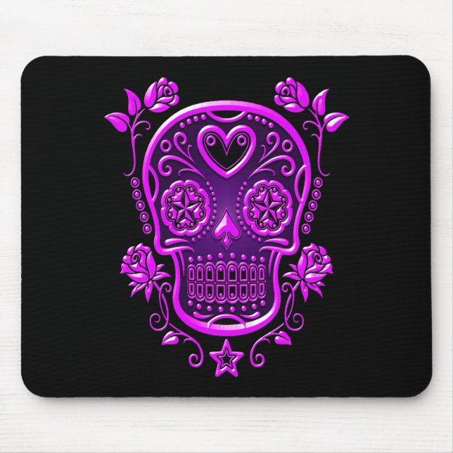 Alfombrilla De Ratón Cráneo del azúcar con los rosas, púrpuras (Frente)