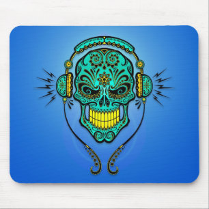 Alfombrilla De Ratón Cráneo del azúcar de DJ - azul y amarillo