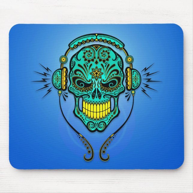 Alfombrilla De Ratón Cráneo del azúcar de DJ - azul y amarillo (Frente)