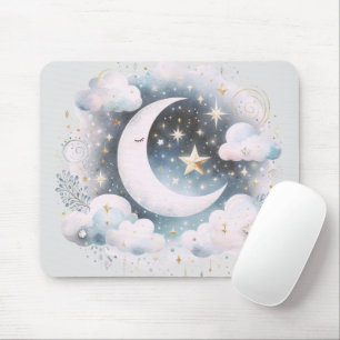 Alfombrilla De Ratón Creciente Luna Celeste Boho Moderno Azul y Blanco