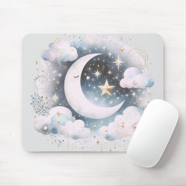 Alfombrilla De Ratón Creciente Luna Celeste Boho Moderno Azul y Blanco (Con ratón)
