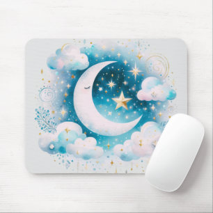 Alfombrilla De Ratón Creciente Lunar Celeste Azul y Blanco Boho Moderno