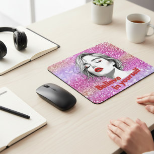 Alfombrilla De Ratón Cree en Sí Misma Glitter Rosa Inspirador