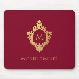 Alfombrilla De Ratón Crest Vintage Burgundy Falso Oro Monograma Elegant
