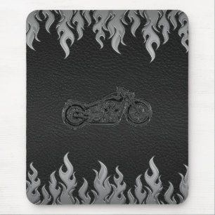 Alfombrilla De Ratón Cromo Motocicleta Llamas Plateadas Cuero Negro