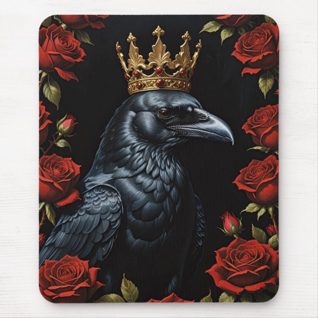 Alfombrilla De Ratón Crow in a Gold Crown Ruby Red Roses (Frente)