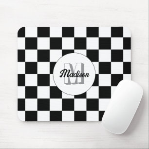 Alfombrilla De Ratón Cuadrados a cuadros Monograma retro Negro y Blanco