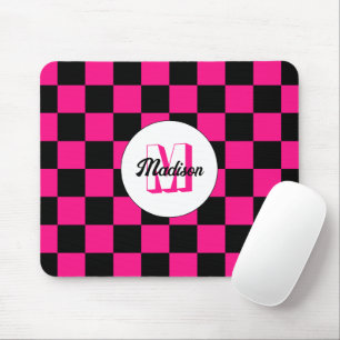 Alfombrilla De Ratón Cuadrados a cuadros rosa caliente negro Monograma