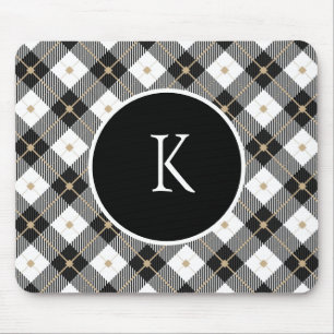 Alfombrilla De Ratón Cuadros de Plaid negro, blanco y dorado con monogr