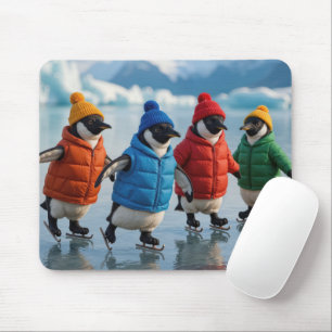 Alfombrilla De Ratón Cuatro pingüinos patinando sobre hielo en un lago