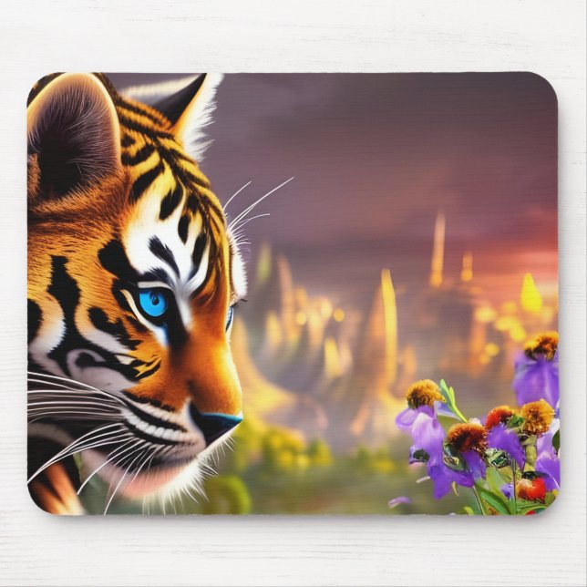 Alfombrilla De Ratón Cubo de tigres, flores moradas (Frente)