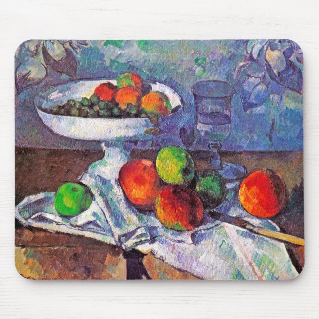 Alfombrilla De Ratón Cuenco de frutas, vidrio y manzanas, Cezanne (Frente)