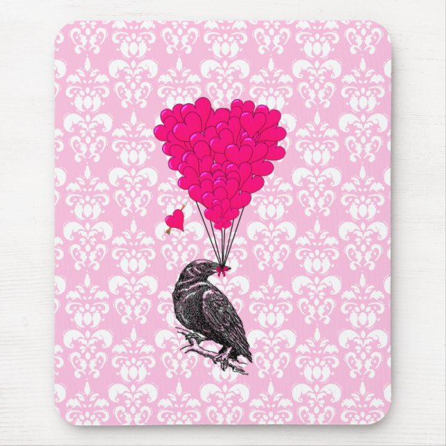 Alfombrilla De Ratón Cuervo y corazón sobre damasco rosa (Frente)