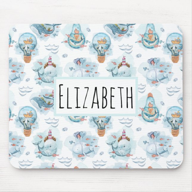 Alfombrilla De Ratón Cuidada ballenas náuticas Patrón de acuarela Almoh (Frente)