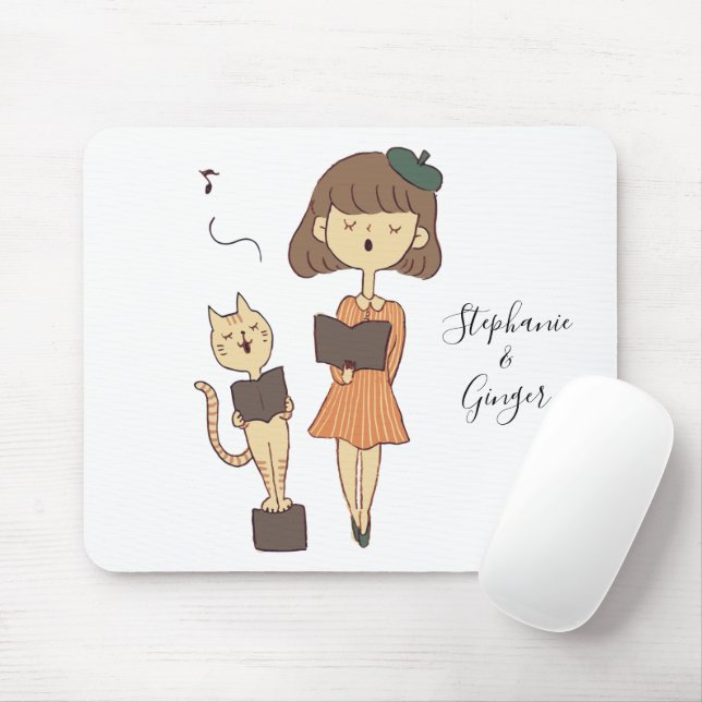 Alfombrilla De Ratón Cuidado gato Y Chica Cantando Almohadilla Personal (Con ratón)