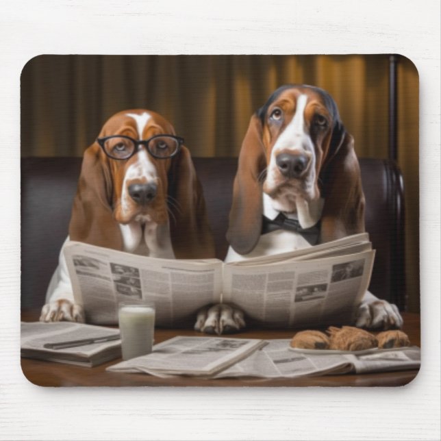 Alfombrilla De Ratón Cuidados basset hounds leyendo el periódico (Frente)