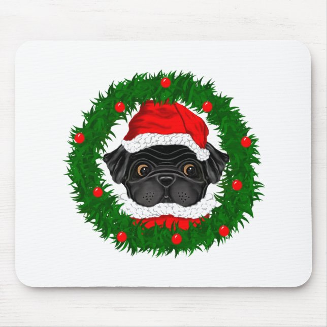 Alfombrilla De Ratón Cuidados Navidades Black Pug Santa en guirnalda (Frente)