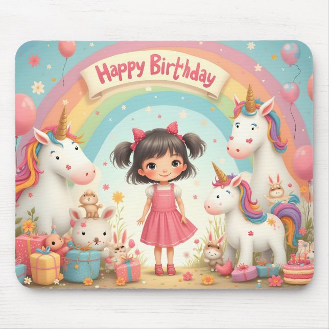 Alfombrilla De Ratón Cumpleaños de niña con unicornios y arcoíris (Frente)