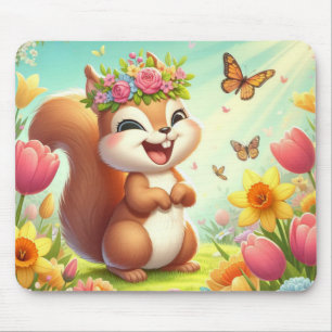 Alfombrilla De Ratón Cura, ardilla de primavera feliz