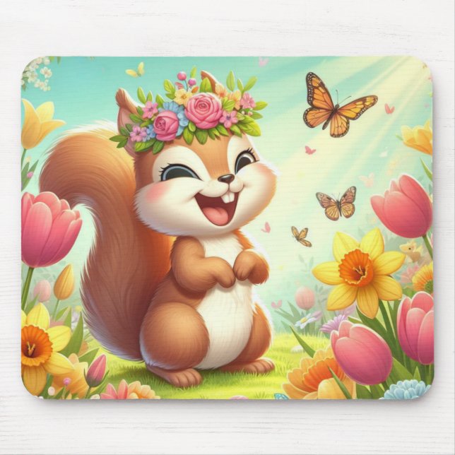 Alfombrilla De Ratón Cura, ardilla de primavera feliz (Frente)