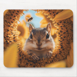 Alfombrilla De Ratón Curioso Chipmunk Peeando a través del girasol comi