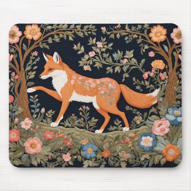 Alfombrilla De Ratón Curioso Fox Faux Embroidery Elegante Floral (Frente)