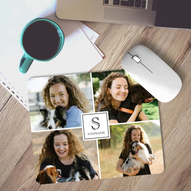 Alfombrilla De Ratón Custom Monogram & Name 4 Photo Collage Template (Subido por el creador)