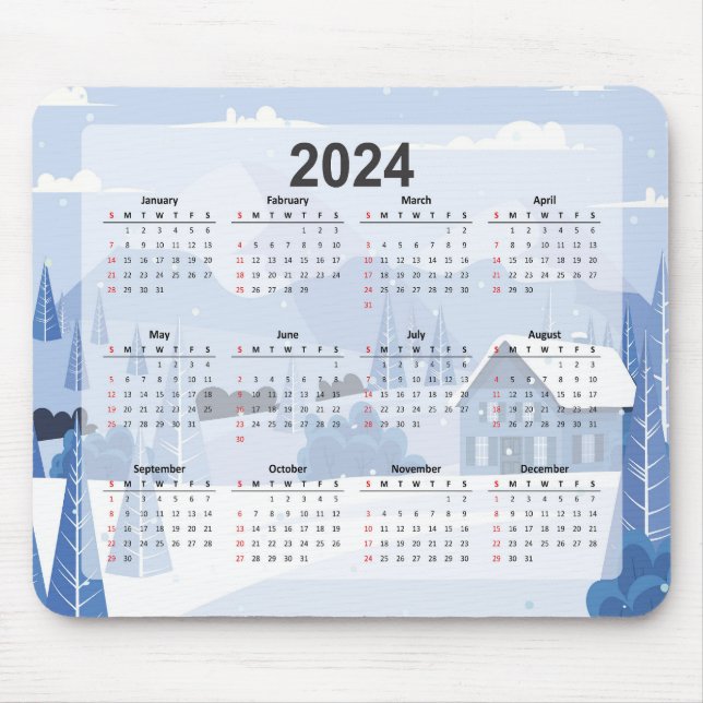 Alfombrilla De Ratón Cute 2024 Calendar Winter Scene with Cabin (Frente)