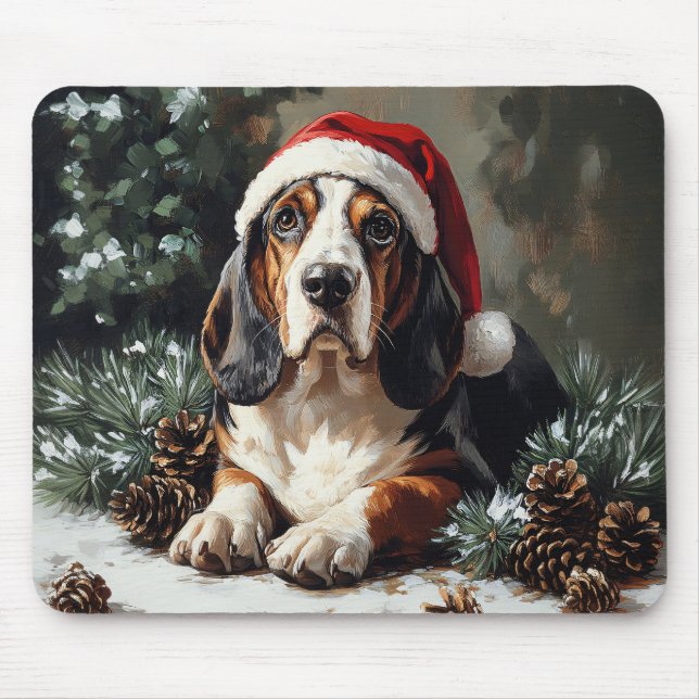 Alfombrilla De Ratón Cute Basset Hound Santa Hat Pintura de aceite (Frente)