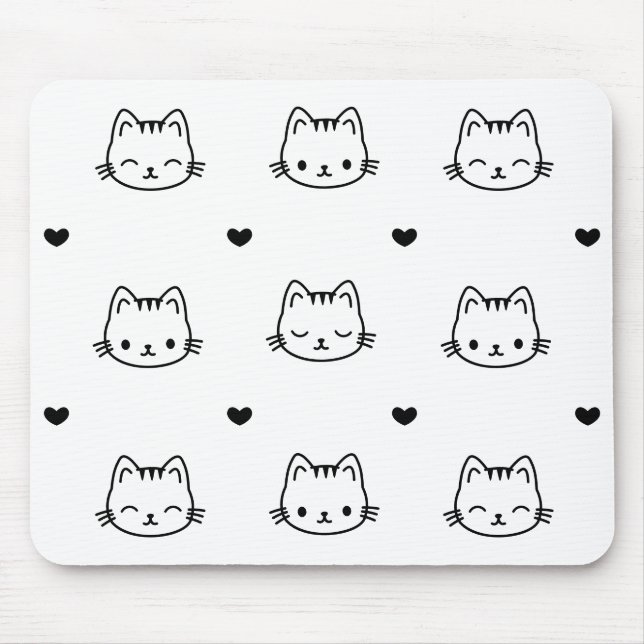 Alfombrilla De Ratón Cute Black and White Cat and Heart Pattern (Frente)