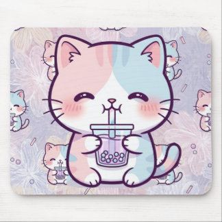 Alfombrilla De Ratón Cute Boba Tea Kitten Mousepad - Aesthetic Pastel 