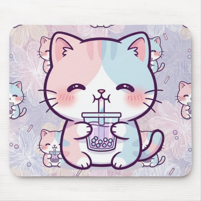 Alfombrilla De Ratón Cute Boba Tea Kitten Mousepad - Aesthetic Pastel  (Frente)