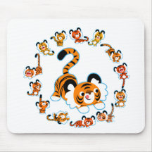 Cute Cartoon Tigers Mandala (Blue) Mousepad